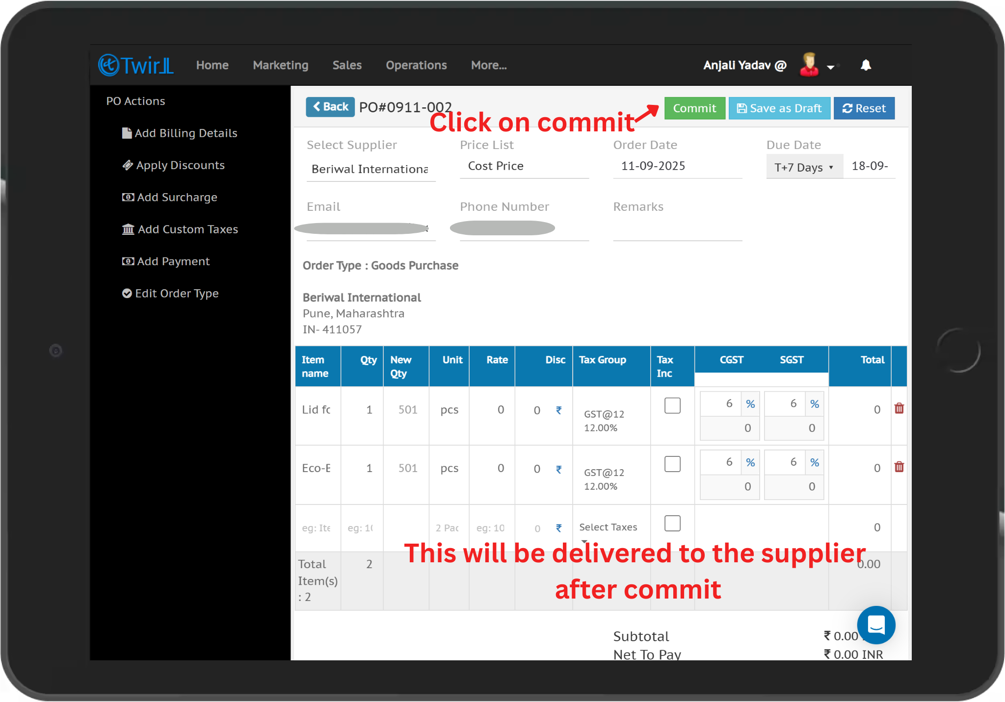 How to create Purchase order - Twirll