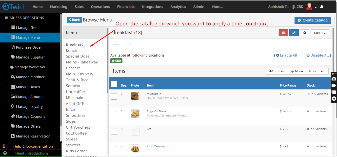 Select catalog from list